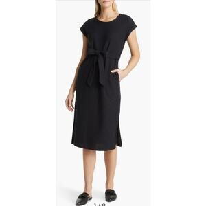 Caslon Textured Knit Tie Waist Cotton Blend Midi Dress in Black. Size S. NWT